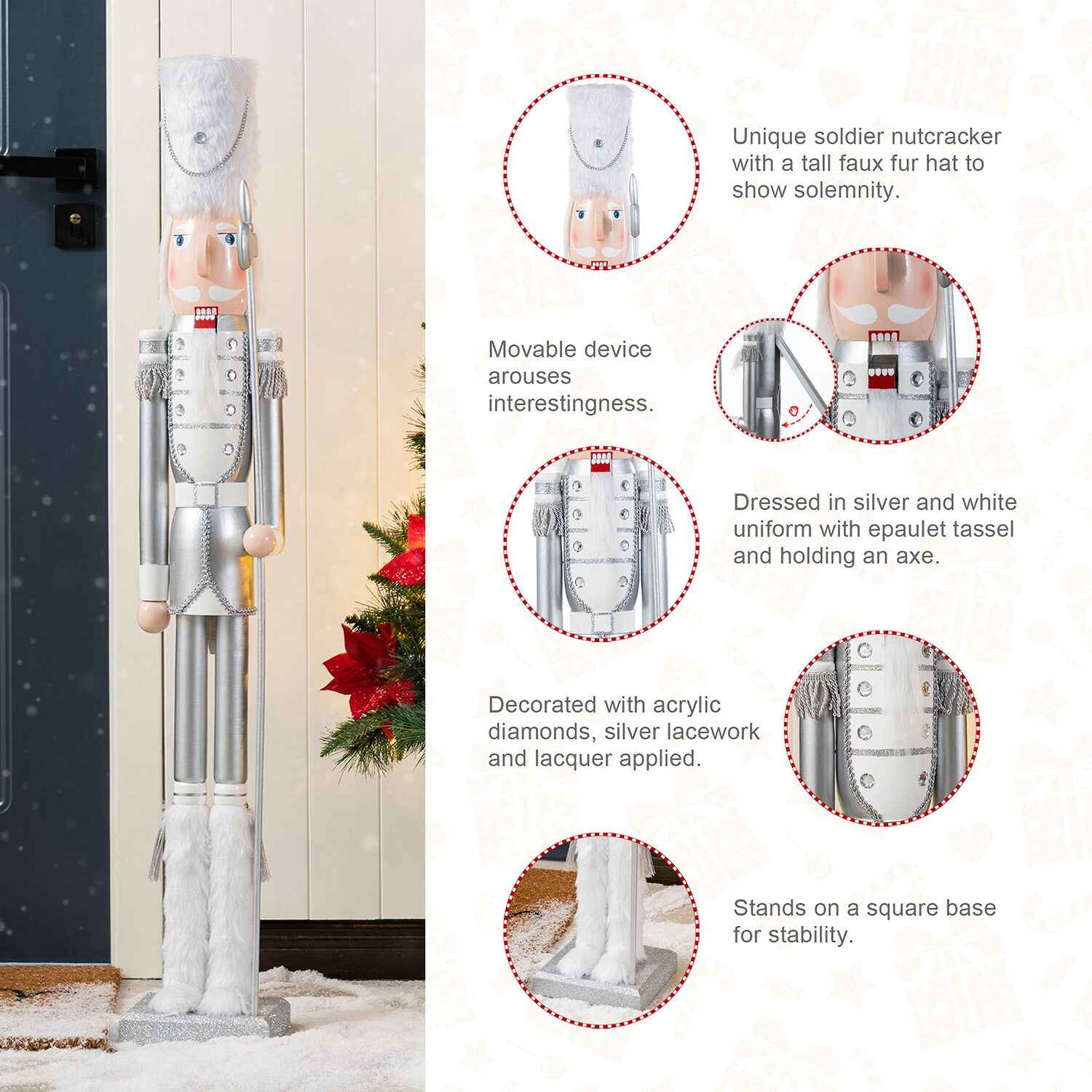 Glitzhome 42"H Wooden Christmas Silver Dressed Soldier Wood Christmas Nutcracker