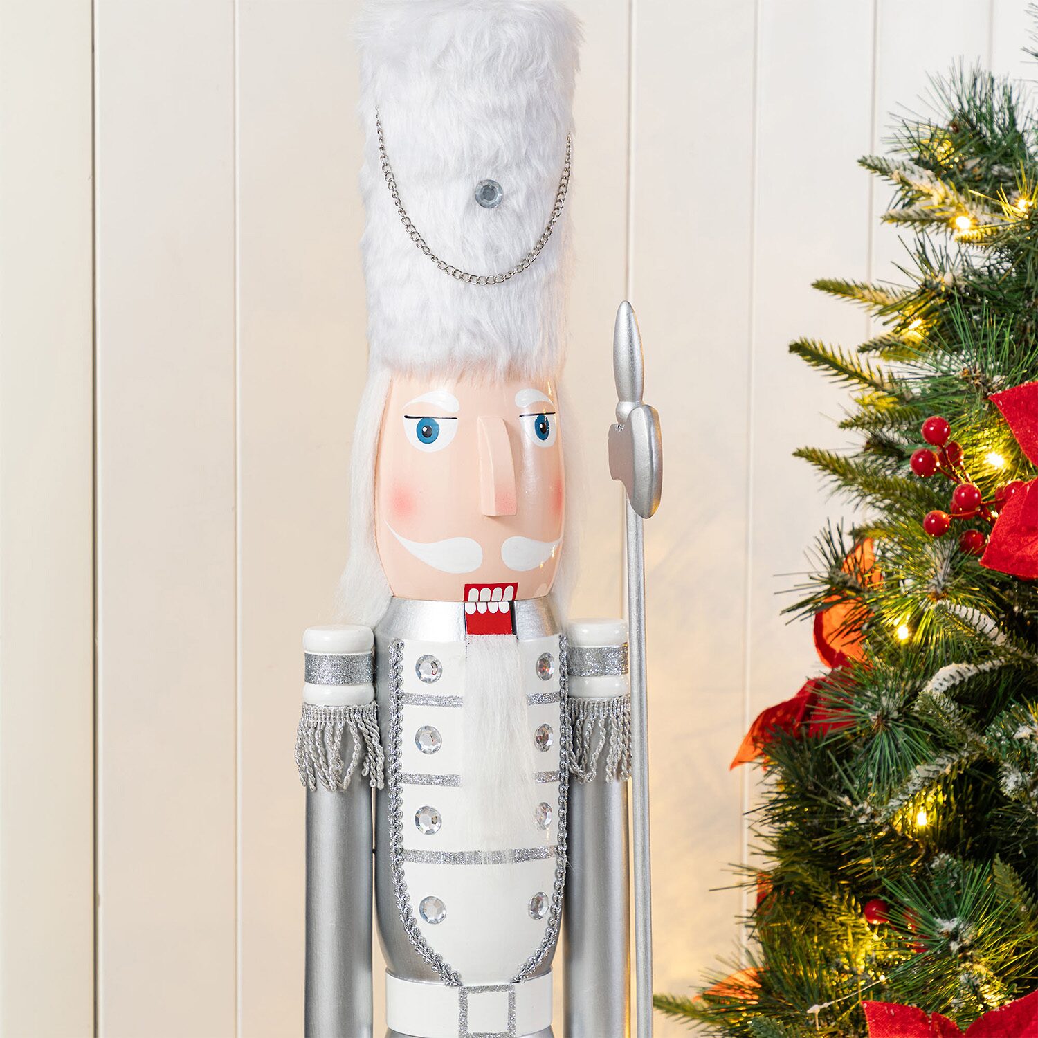 Glitzhome 42"H Wooden Christmas Silver Dressed Soldier Wood Christmas Nutcracker