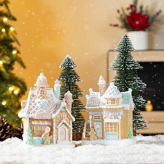 Glitzhome 7"H Christmas Macaron Resin Village Christmas Tabletop Decor