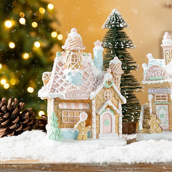 Glitzhome 7"H Christmas Macaron Resin Village Christmas Tabletop Decor