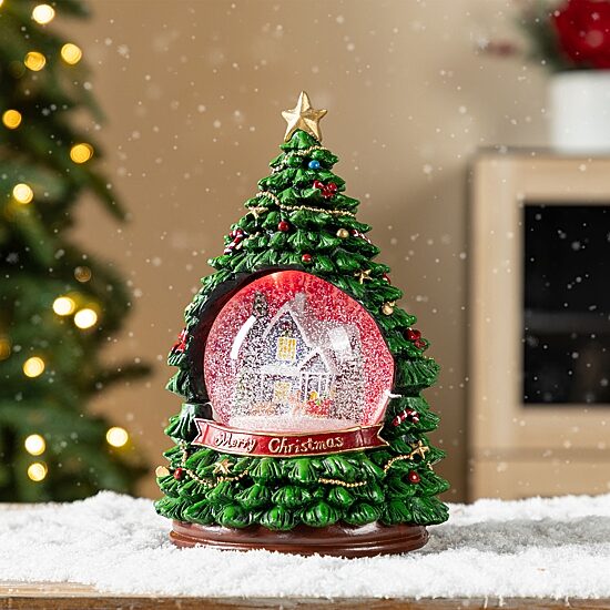 Glitzhome Christmas Resin Lighted Musical Snowflakes Christmas Tree Waterglobe Christmas Tabletop Decor