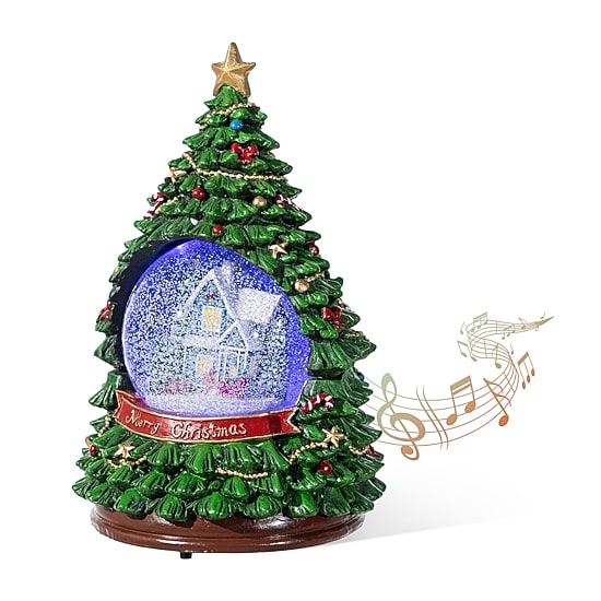 Glitzhome Christmas Resin Lighted Musical Snowflakes Christmas Tree Waterglobe Christmas Tabletop Decor