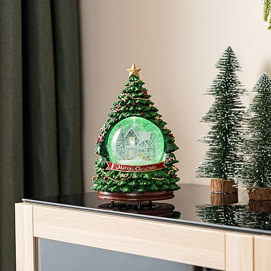 Glitzhome Christmas Resin Lighted Musical Snowflakes Christmas Tree Waterglobe Christmas Tabletop Decor