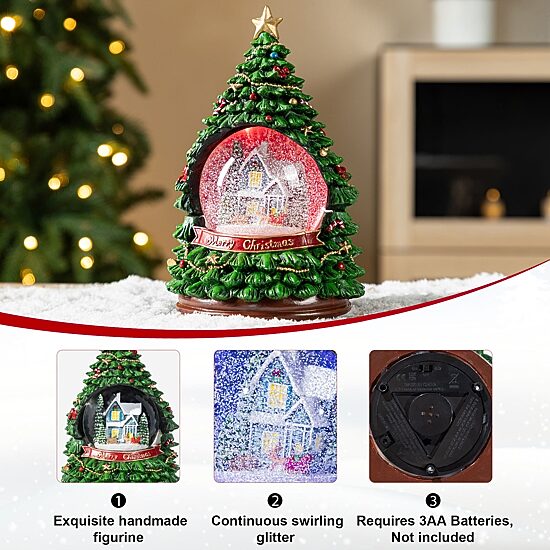Glitzhome Christmas Resin Lighted Musical Snowflakes Christmas Tree Waterglobe Christmas Tabletop Decor