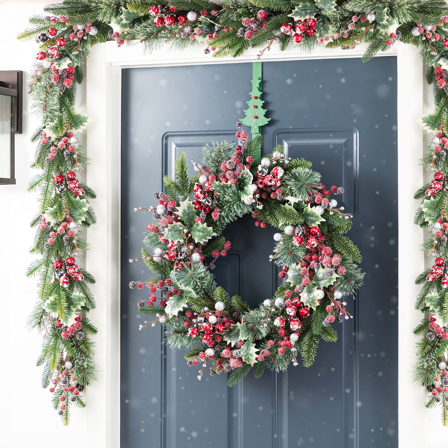 Glitzhome 24"D Christmas Red Pomegranate Berry & Holy Leaf Wreath Floral Arrangement