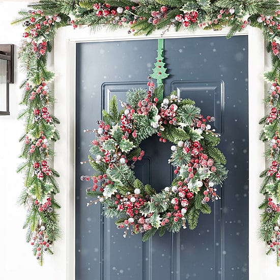 Glitzhome 24"D Christmas Red Pomegranate Berry & Holy Leaf Wreath Floral Arrangement