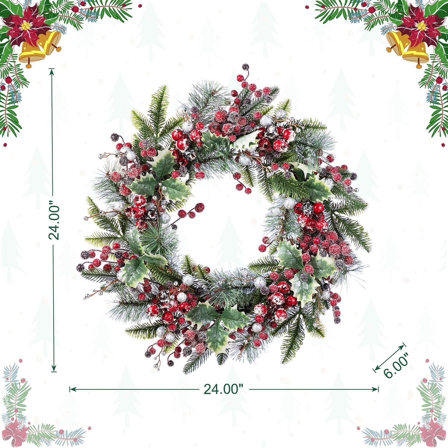 Glitzhome 24"D Christmas Red Pomegranate Berry & Holy Leaf Wreath Floral Arrangement