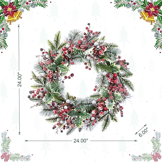 Glitzhome 24"D Christmas Red Pomegranate Berry & Holy Leaf Wreath Floral Arrangement