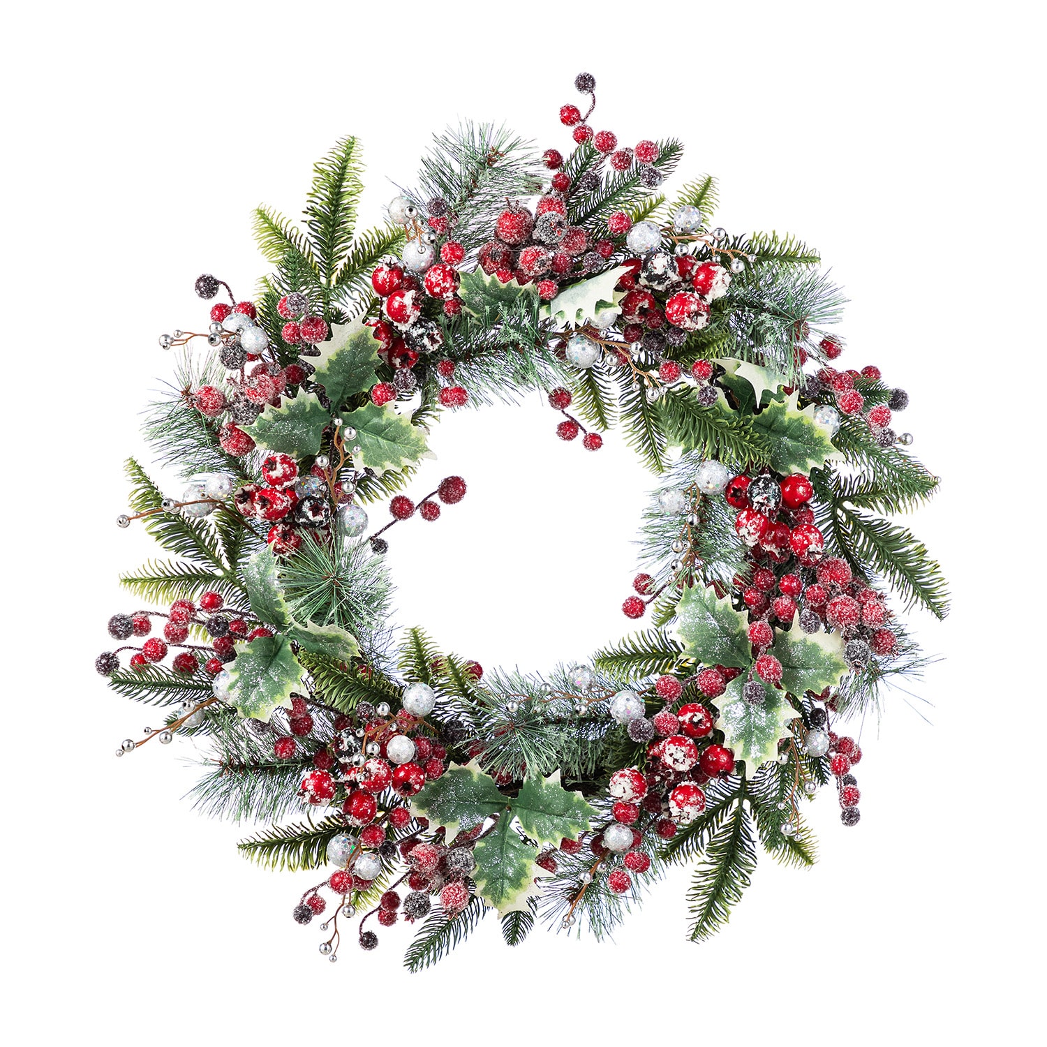 Glitzhome 24"D Christmas Red Pomegranate Berry & Holy Leaf Wreath Floral Arrangement