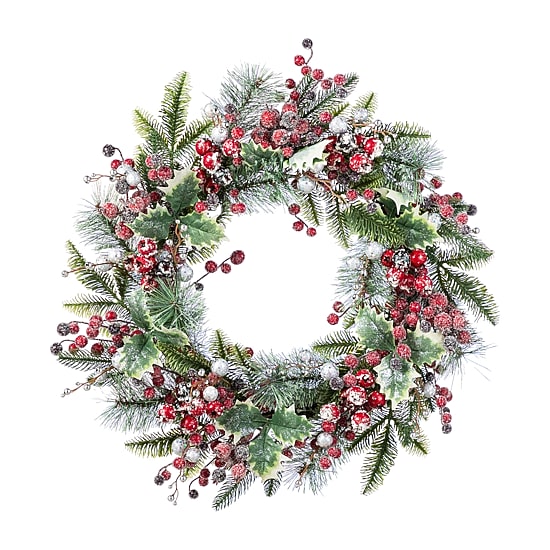 Glitzhome 24"D Christmas Red Pomegranate Berry & Holy Leaf Wreath Floral Arrangement