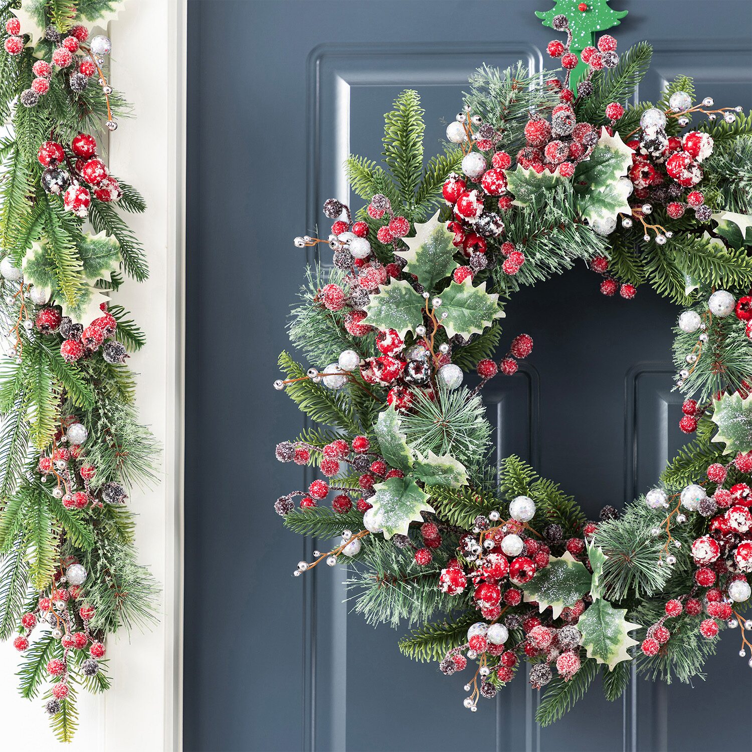 Glitzhome 24"D Christmas Red Pomegranate Berry & Holy Leaf Wreath Floral Arrangement
