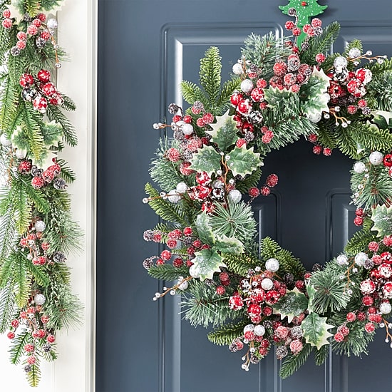 Glitzhome 24"D Christmas Red Pomegranate Berry & Holy Leaf Wreath Floral Arrangement