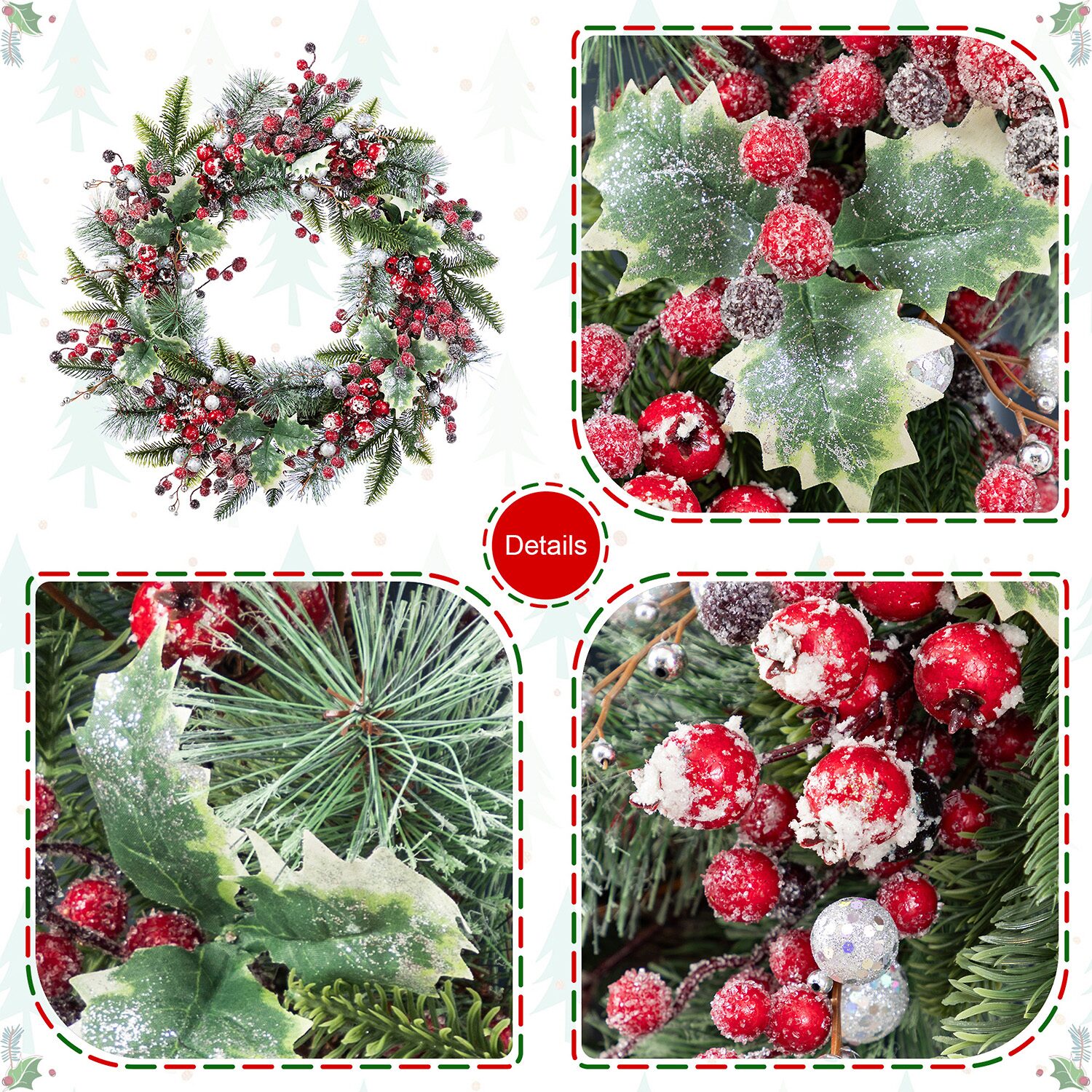 Glitzhome 24"D Christmas Red Pomegranate Berry & Holy Leaf Wreath Floral Arrangement