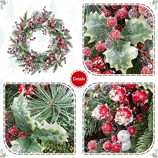 Glitzhome 24"D Christmas Red Pomegranate Berry & Holy Leaf Wreath Floral Arrangement