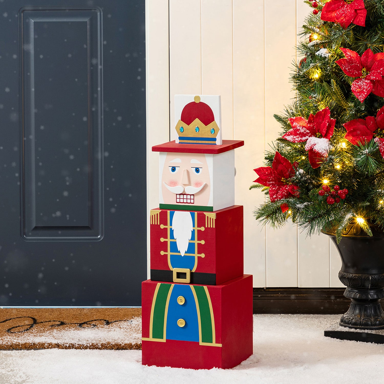 Glitzhome 25"H Christmas Santa And Nutcracker  Wood Reversible Boxed Christmas Porch Sign