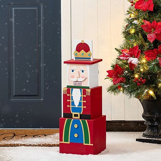 Glitzhome 25"H Christmas Santa And Nutcracker  Wood Reversible Boxed Christmas Porch Sign