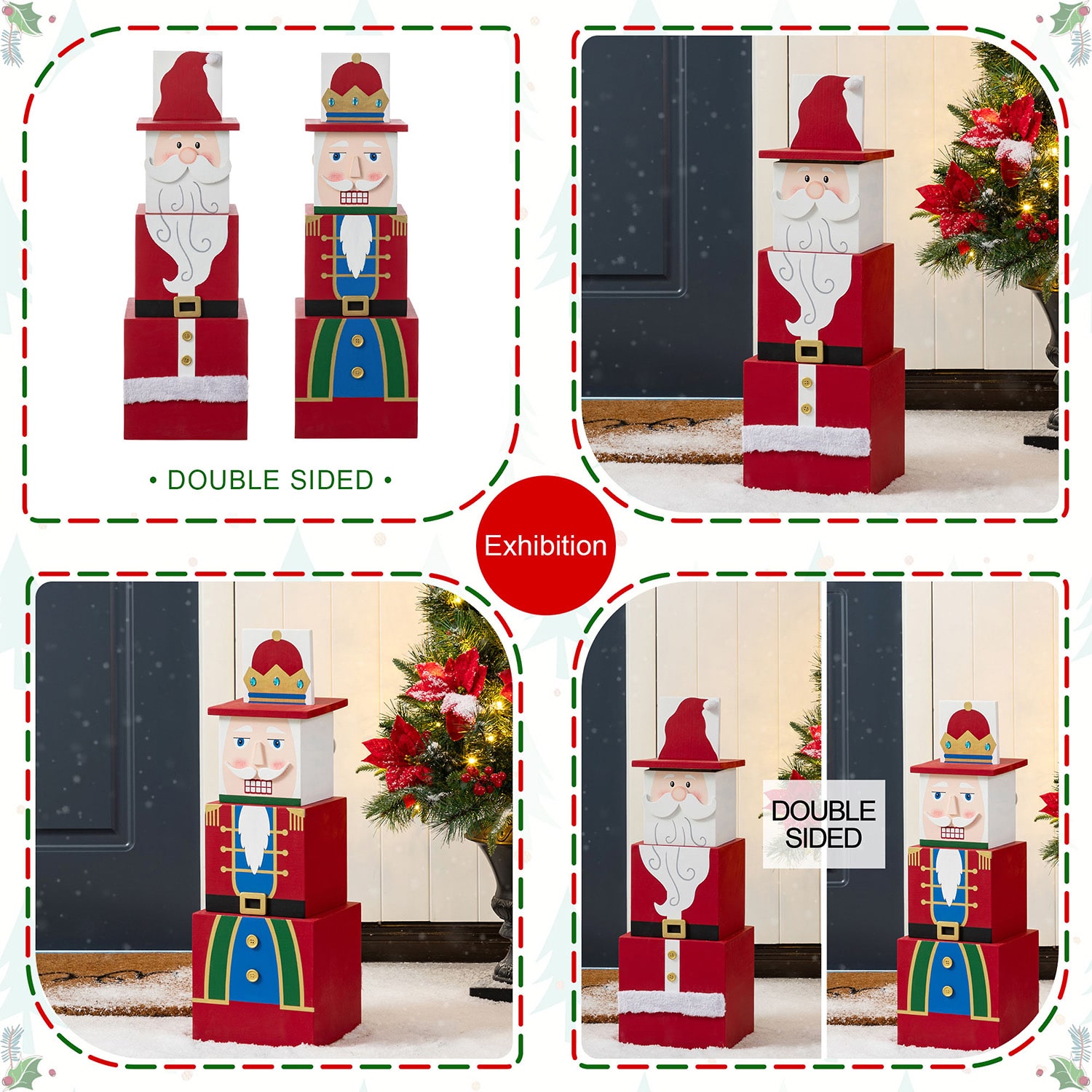 Glitzhome 25"H Christmas Santa And Nutcracker  Wood Reversible Boxed Christmas Porch Sign