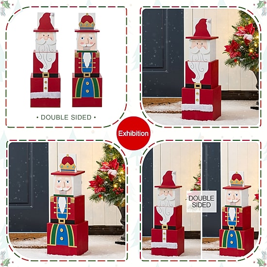 Glitzhome 25"H Christmas Santa And Nutcracker  Wood Reversible Boxed Christmas Porch Sign