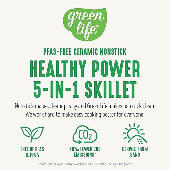 GreenLife 12" 5QT Square Electric Skillet, Glass Vented Lid, Ceramic PFAS-Free Nonstick Coated Interior, Adjustable Temperature Control, Cool Touch Handles, Quick Even Heating, Scratch Resistant