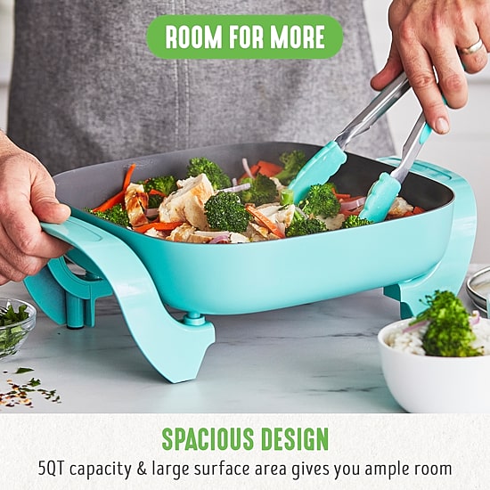 GreenLife 12" 5QT Square Electric Skillet, Glass Vented Lid, Ceramic PFAS-Free Nonstick Coated Interior, Adjustable Temperature Control, Cool Touch Handles, Quick Even Heating, Scratch Resistant