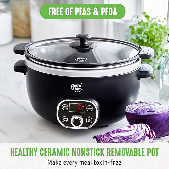GreenLife Cook Duo Healthy Ceramic Nonstick 6QT Slow Cooker, PFAS-Free, Digital Timer, Dishwasher Safe Parts
