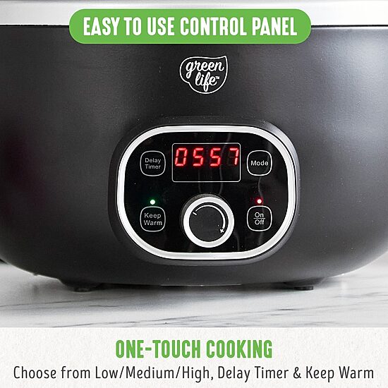 GreenLife Cook Duo Healthy Ceramic Nonstick 6QT Slow Cooker, PFAS-Free, Digital Timer, Dishwasher Safe Parts