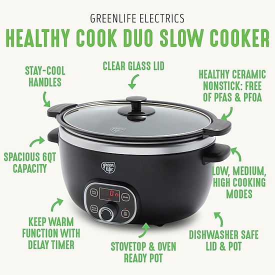 GreenLife Cook Duo Healthy Ceramic Nonstick 6QT Slow Cooker, PFAS-Free, Digital Timer, Dishwasher Safe Parts