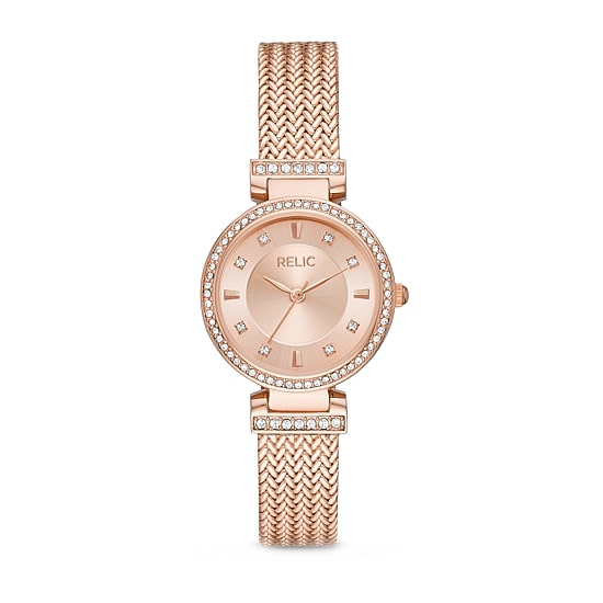 Relic By Fossil Savannah Womens Crystal Accent Rose Goldtone Stainless Steel Bracelet Watch Zr34577