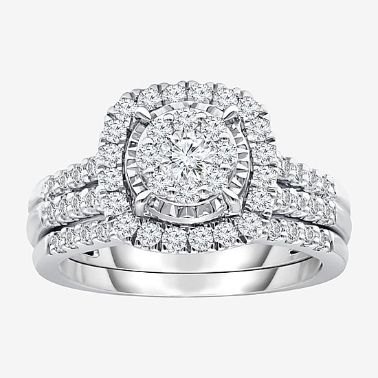 Womens 1 CT. T.W. Lab Grown White Diamond 10K or 14K White Gold Cushion Side Stone Halo Bridal Set