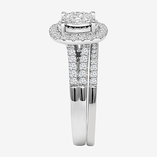 Womens 1 CT. T.W. Lab Grown White Diamond 10K or 14K White Gold Cushion Side Stone Halo Bridal Set