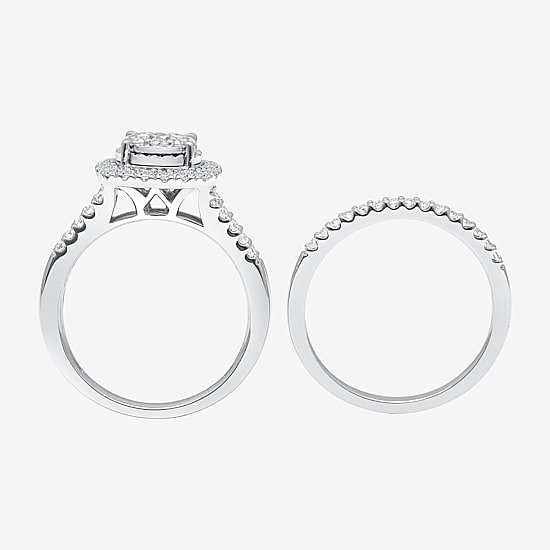 Womens 1 CT. T.W. Lab Grown White Diamond 10K or 14K White Gold Cushion Side Stone Halo Bridal Set