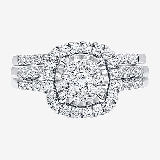 Womens 1 CT. T.W. Lab Grown White Diamond 10K or 14K White Gold Cushion Side Stone Halo Bridal Set