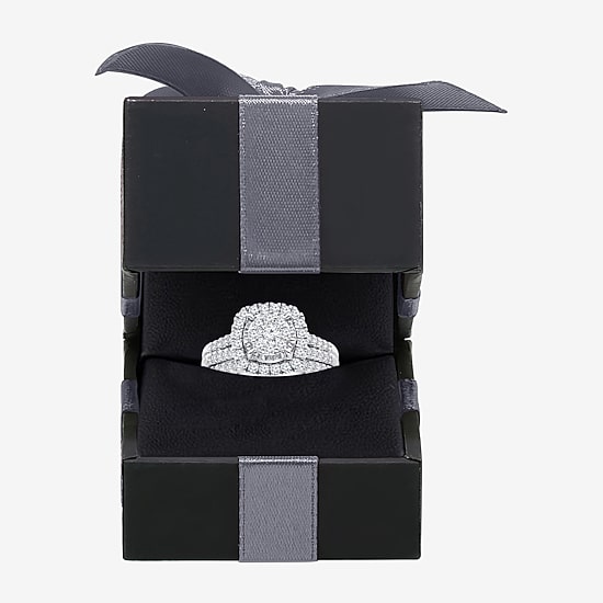 Womens 1 CT. T.W. Lab Grown White Diamond 10K or 14K White Gold Cushion Side Stone Halo Bridal Set