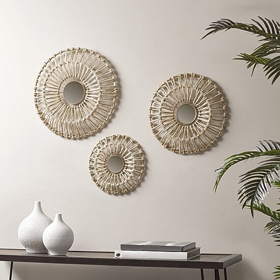 Madison Park Ella Round Natural Fiber And Mirror 3-pc. Wall Art Set