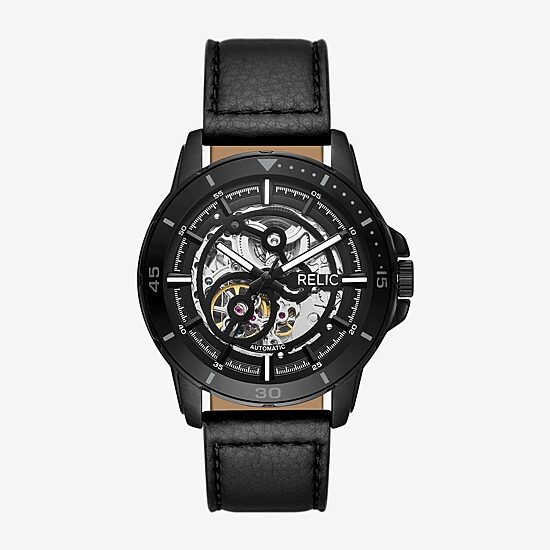 Relic By Fossil Mens Automatic Black Leather Strap Watch Zr16034