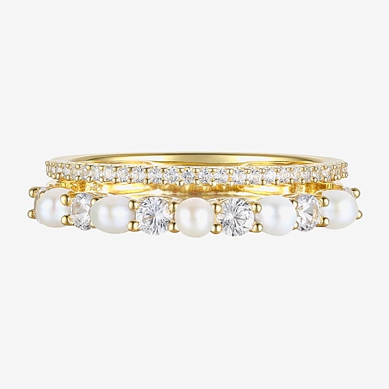 Womens 2.5MM White Cultured Freshwater Pearl 14K Gold Over Silver Stackable Ring