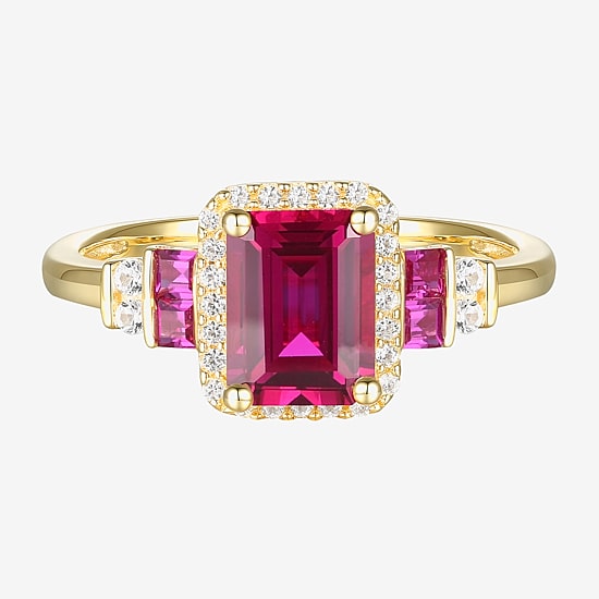 Womens Lab Created Red Ruby 14K Gold Over Silver Side Stone Cocktail Ring