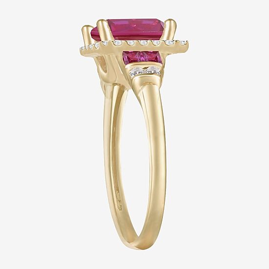 Womens Lab Created Red Ruby 14K Gold Over Silver Side Stone Cocktail Ring