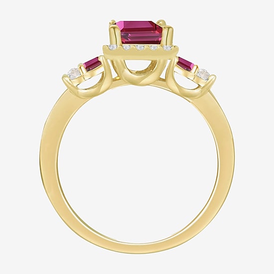 Womens Lab Created Red Ruby 14K Gold Over Silver Side Stone Cocktail Ring