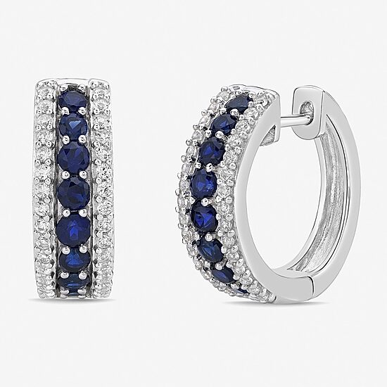 Womens Lab Created Blue Sapphire Sterling Silver 19.5mm Hoop Earrings
