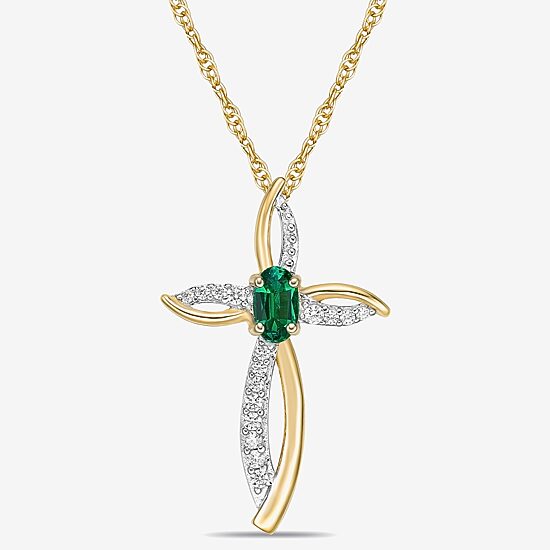 Womens 1/10 CT. T.W. Lab Created Green Emerald 10K Gold Cross 18 Inch Pendant Necklace