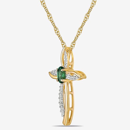 Womens 1/10 CT. T.W. Lab Created Green Emerald 10K Gold Cross 18 Inch Pendant Necklace