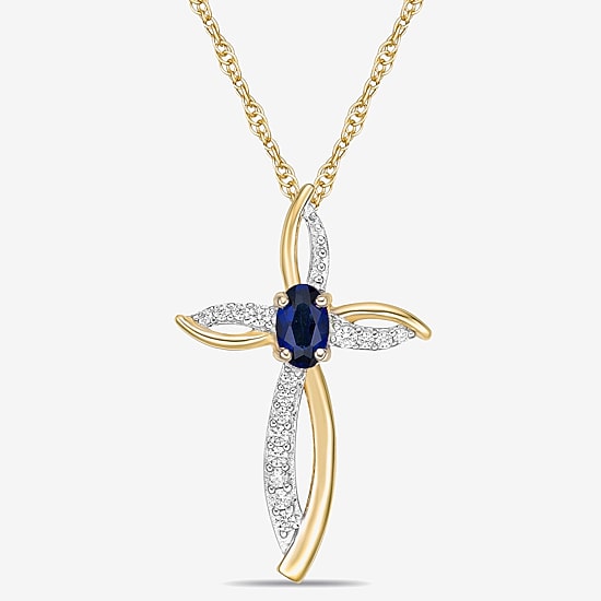 Womens 1/10 CT. T.W. Lab Created Blue Sapphire 10K Gold Cross 18 Inch Pendant Necklace