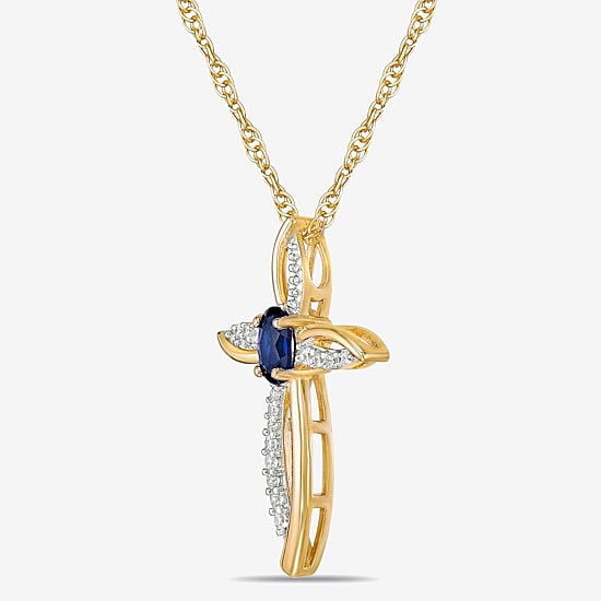 Womens 1/10 CT. T.W. Lab Created Blue Sapphire 10K Gold Cross 18 Inch Pendant Necklace