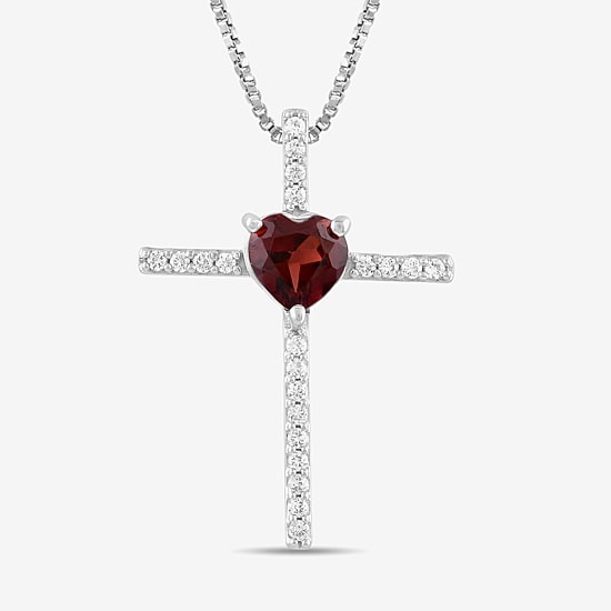 Womens Genuine Red Garnet Sterling Silver Cross Heart 18 Inch Pendant Necklace