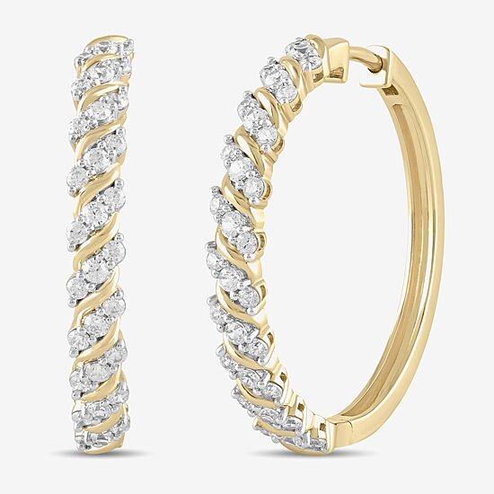 (H / I1-I2) Womens 1 CT. T.W. Lab Grown White Diamond 14K Gold Over Silver 28.2mm Hoop Earrings