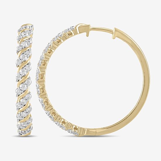 (H / I1-I2) Womens 1 CT. T.W. Lab Grown White Diamond 14K Gold Over Silver 28.2mm Hoop Earrings