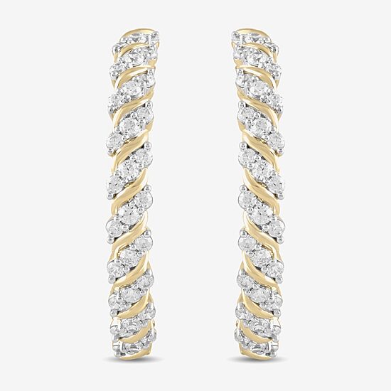 (H / I1-I2) Womens 1 CT. T.W. Lab Grown White Diamond 14K Gold Over Silver 28.2mm Hoop Earrings