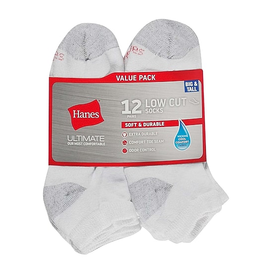 Hanes Ultimate Mens Multi-Pack 12 Pair Big and Tall Low Cut Socks