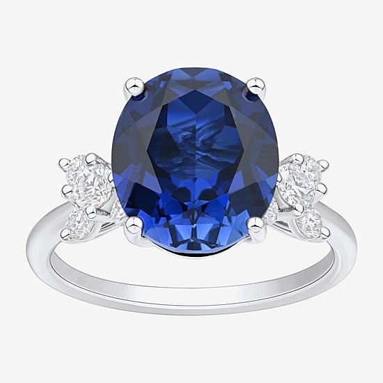 Womens Lab Created Blue Sapphire Sterling Silver Oval Side Stone Cocktail Ring